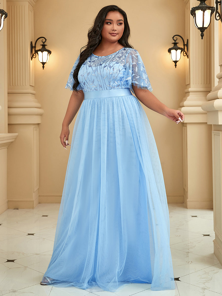 Color=Sky Blue | Sequin Print Plus Size Wholesale Evening Dresses With Cap Sleeve-Sky Blue 4