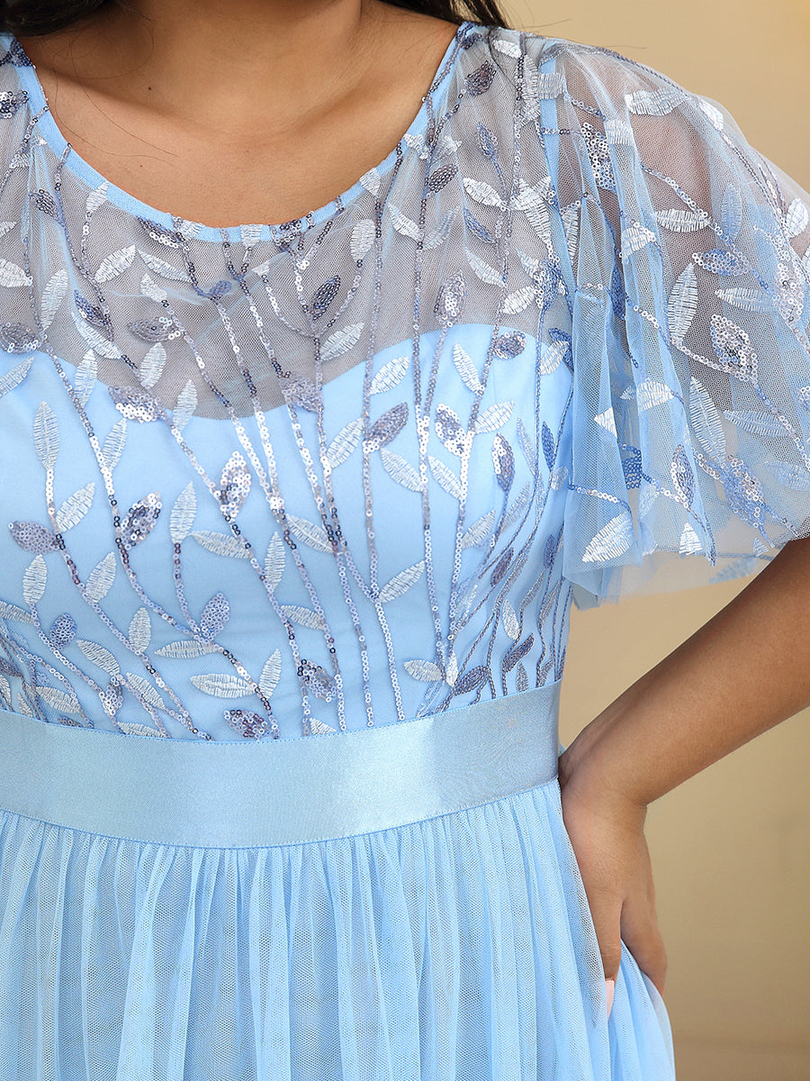 Color=Sky Blue | Sequin Print Plus Size Wholesale Evening Dresses With Cap Sleeve-Sky Blue 5