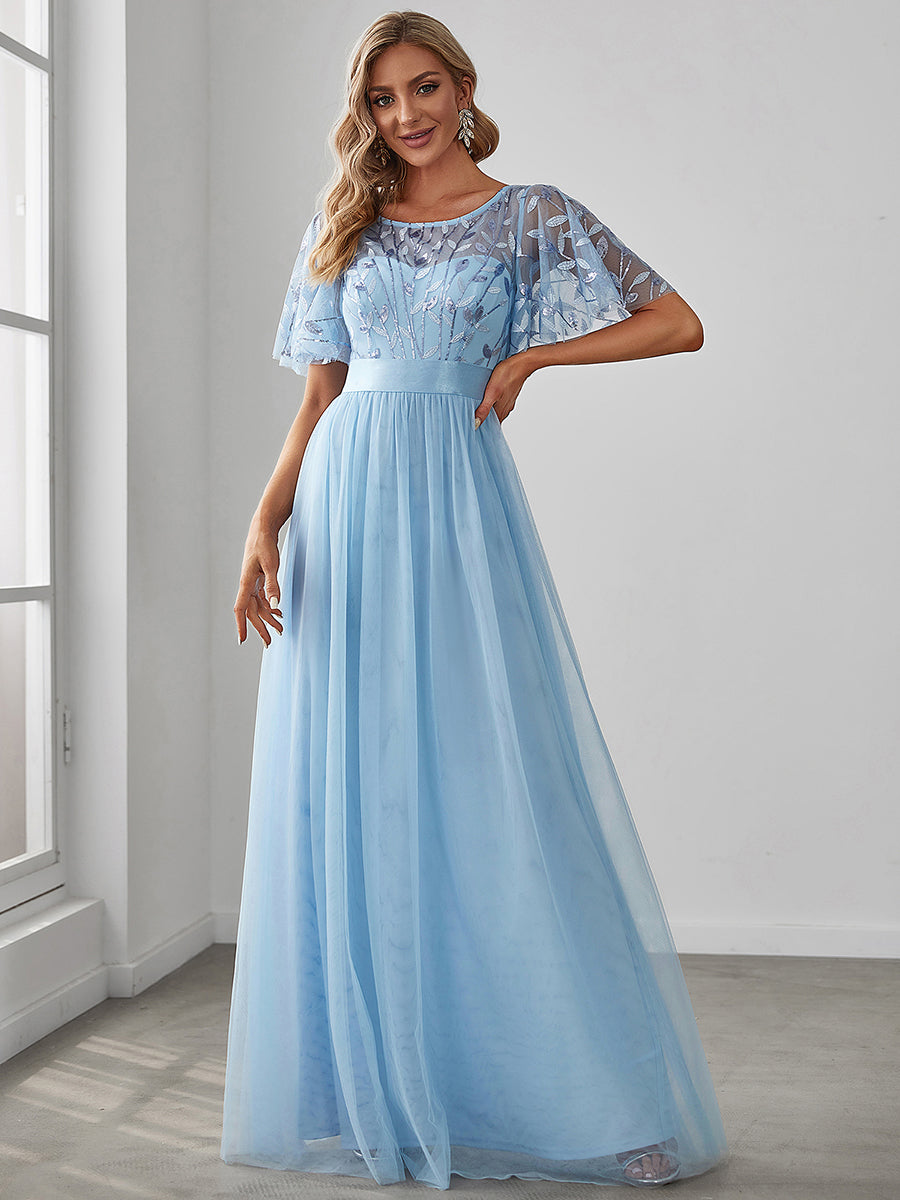 Color=Sky Blue | Sequin Print Maxi Long Wholesale Evening Dresses With Cap Sleeve-Sky Blue 1