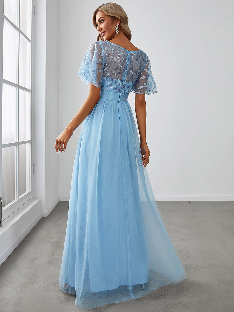 Color=Sky Blue | Sequin Print Maxi Long Wholesale Evening Dresses With Cap Sleeve-Sky Blue 2