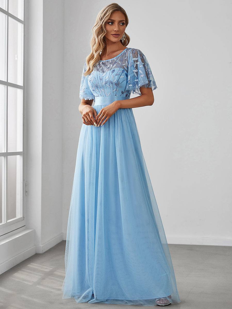 Color=Sky Blue | Sequin Print Maxi Long Wholesale Evening Dresses With Cap Sleeve-Sky Blue 3