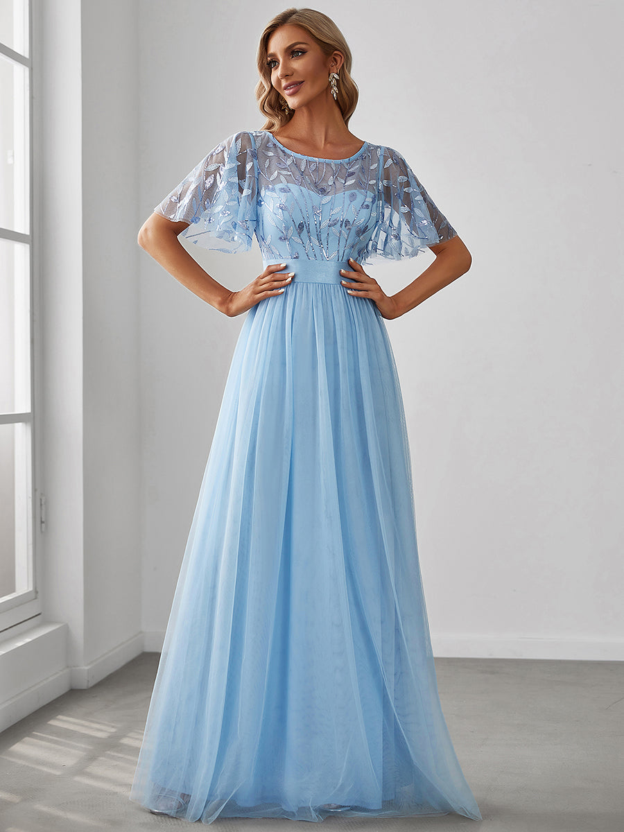 Color=Sky Blue | Sequin Print Maxi Long Wholesale Evening Dresses With Cap Sleeve-Sky Blue 4