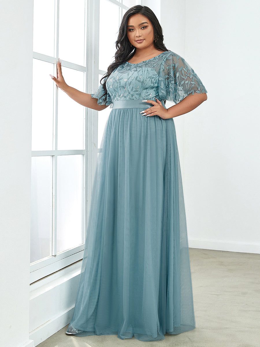 Color=Dusty Blue | Sequin Print Plus Size Wholesale Evening Dresses With Cap Sleeve-Dusty Blue 3