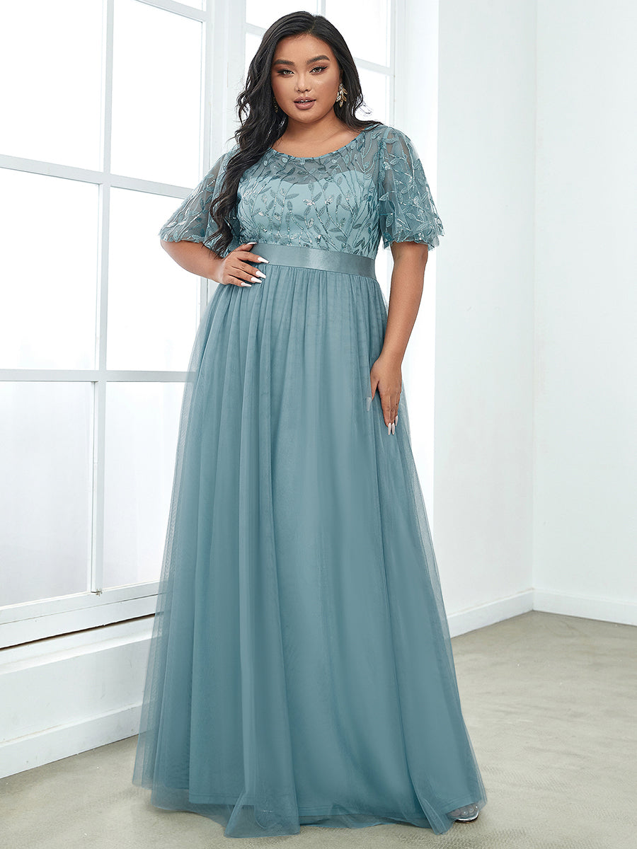 Color=Dusty Blue | Sequin Print Plus Size Wholesale Evening Dresses With Cap Sleeve-Dusty Blue 1
