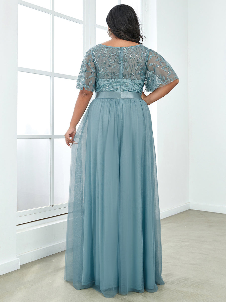 Color=Dusty Blue | Sequin Print Plus Size Wholesale Evening Dresses With Cap Sleeve-Dusty Blue 2