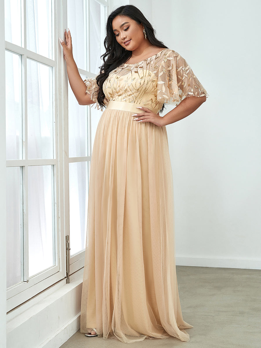 Color=Gold | Sequin Print Plus Size Wholesale Evening Dresses With Cap Sleeve-Gold 5