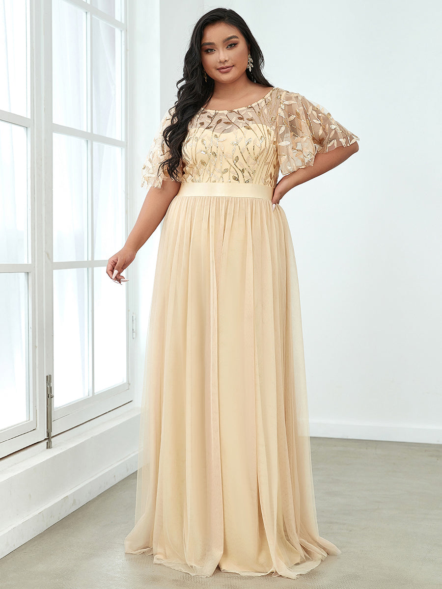 Color=Gold | Sequin Print Plus Size Wholesale Evening Dresses With Cap Sleeve-Gold 2