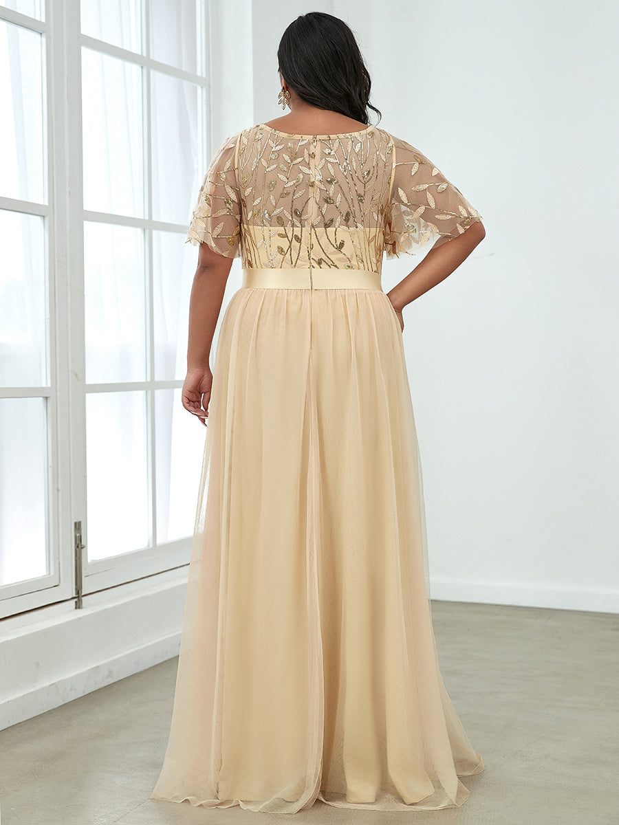 Color=Gold | Sequin Print Plus Size Wholesale Evening Dresses With Cap Sleeve-Gold 3