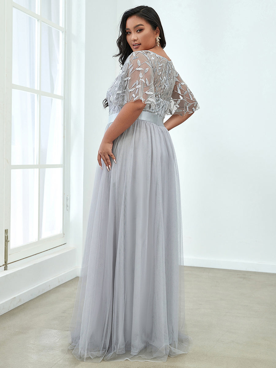 Color=Grey | Sequin Print Plus Size Wholesale Evening Dresses With Cap Sleeve-Grey 2