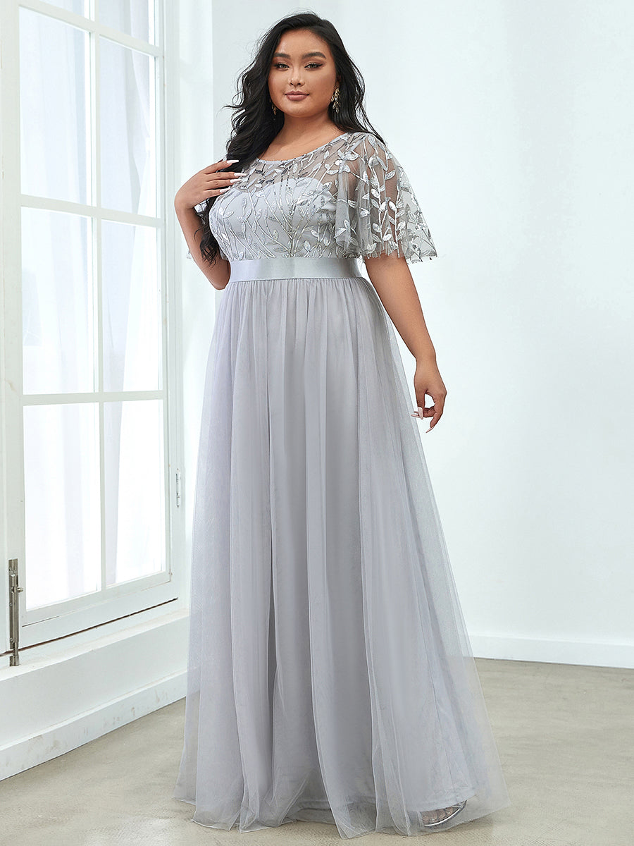 Color=Grey | Sequin Print Plus Size Wholesale Evening Dresses With Cap Sleeve-Grey 3