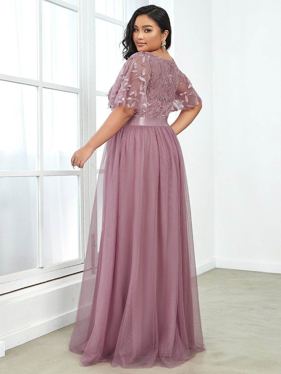 Color=Orchid | Sequin Print Plus Size Wholesale Evening Dresses With Cap Sleeve-Orchid 2