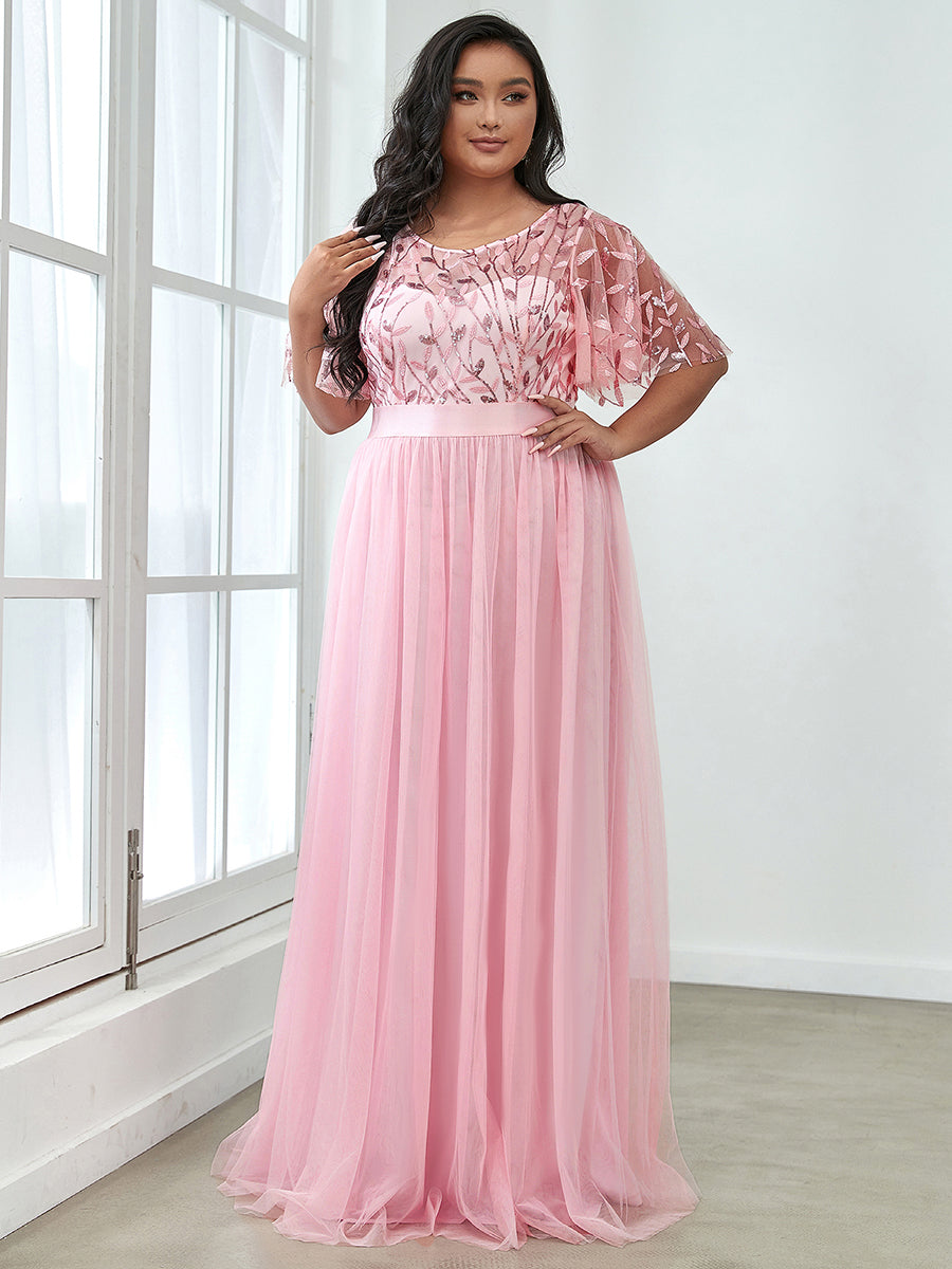 Color=Pink | Sequin Print Plus Size Wholesale Evening Dresses With Cap Sleeve-Pink 1