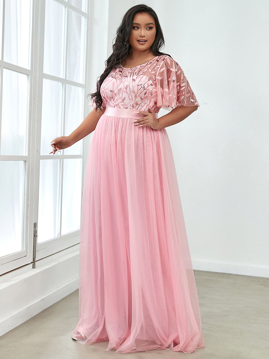 Color=Pink | Sequin Print Plus Size Wholesale Evening Dresses With Cap Sleeve-Pink 3