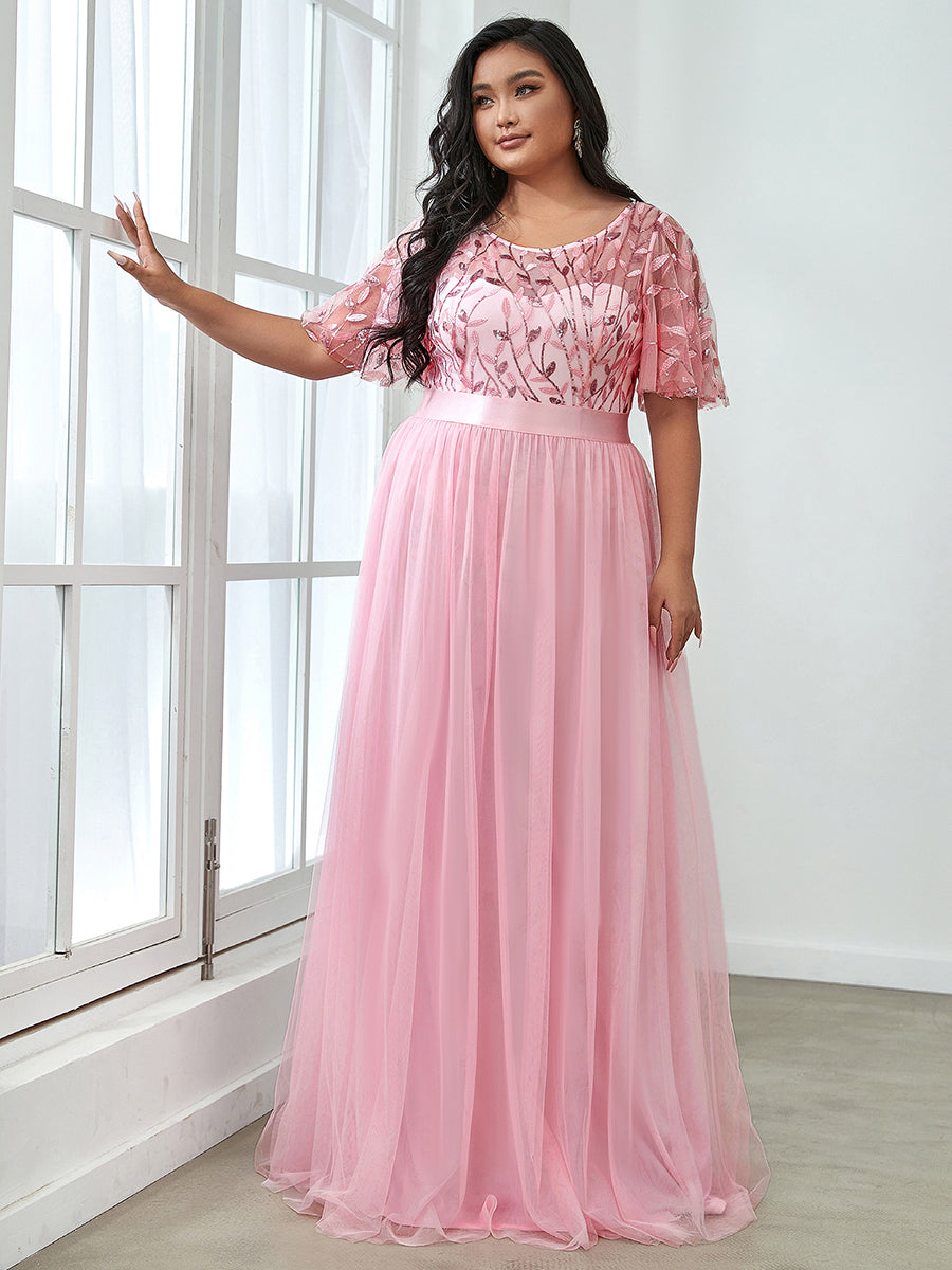 Color=Pink | Sequin Print Plus Size Wholesale Evening Dresses With Cap Sleeve-Pink 4