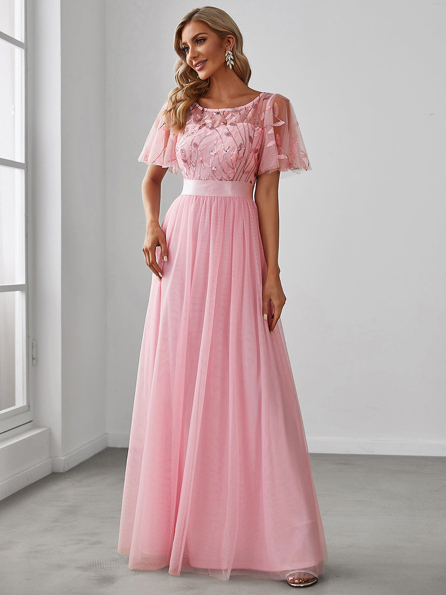 Color=Pink | Sequin Print Maxi Long Wholesale Evening Dresses With Cap Sleeve-Pink 1