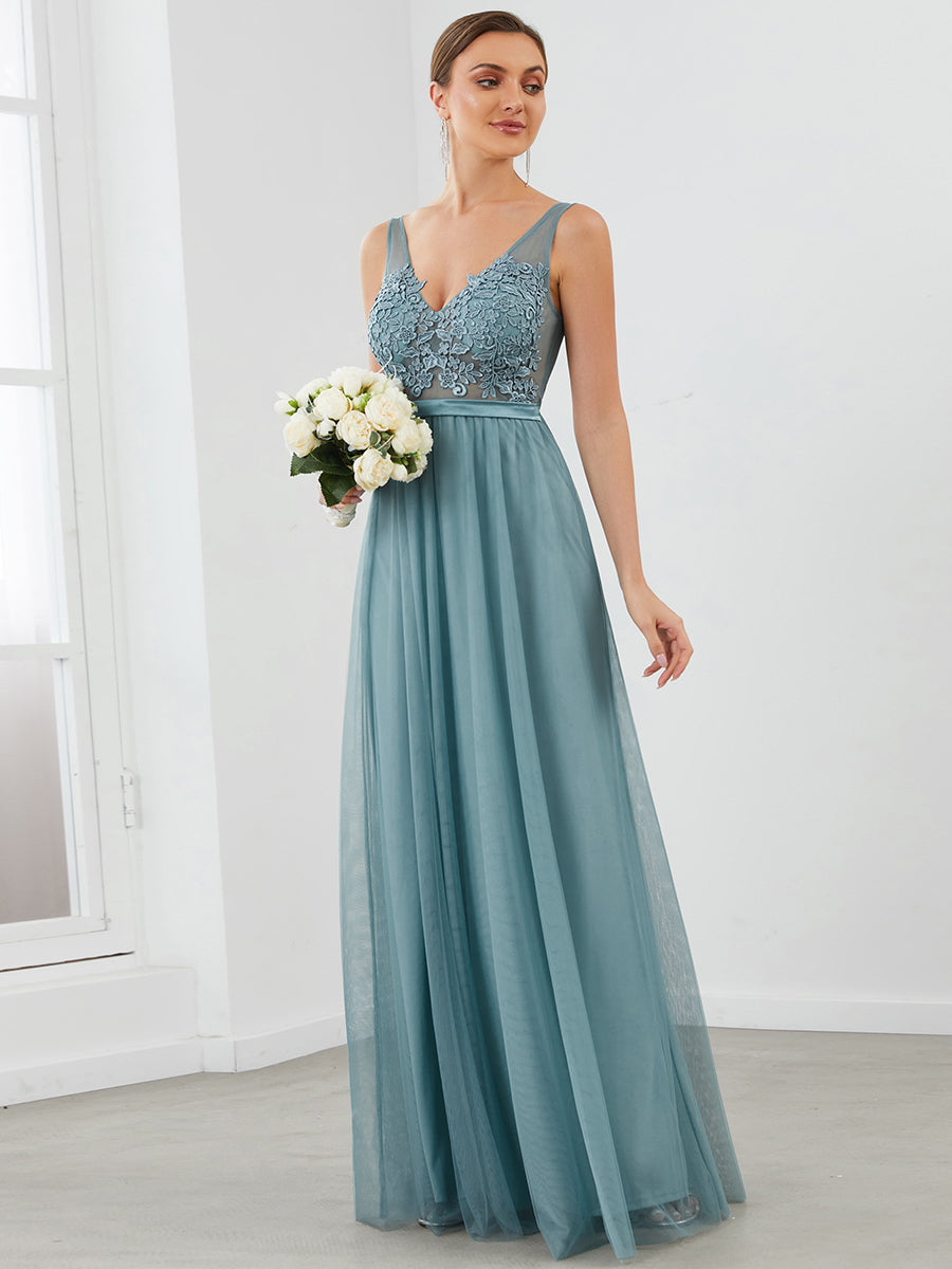 Color=Dusty blue | Women'S A-Line V-Neck Floral Lace Appliques Bridesmaid Dresses Ep00930-Dusty Blue 1