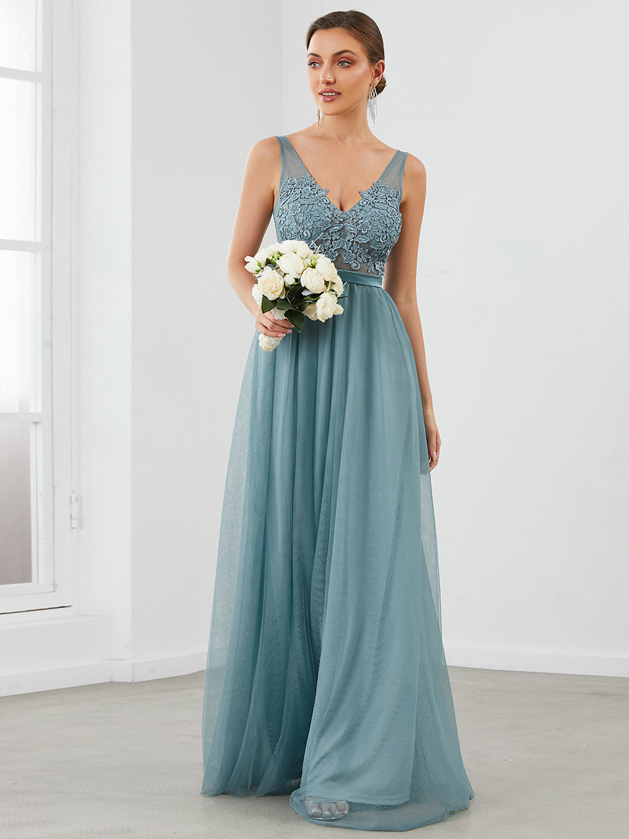Color=Dusty blue | Women'S A-Line V-Neck Floral Lace Appliques Bridesmaid Dresses Ep00930-Dusty Blue 3