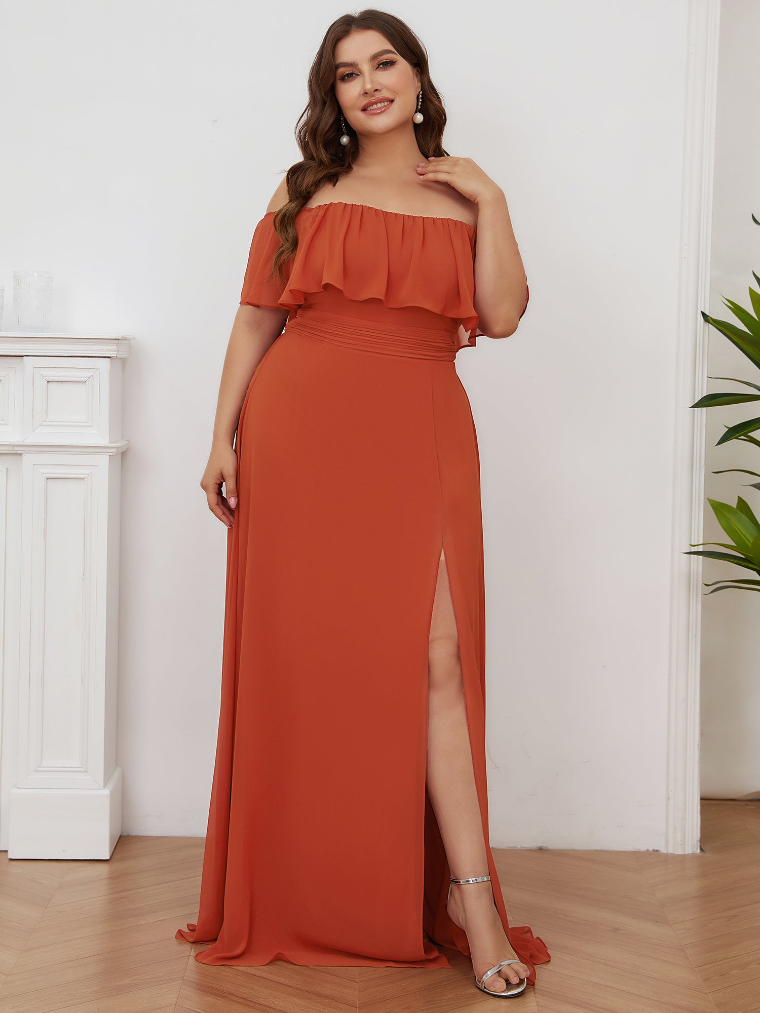 Color=Burnt orange | Plus Size Women'S A-Line Off Shoulder Ruffle Thigh Split Bridesmaid Dress-Burnt orange 1