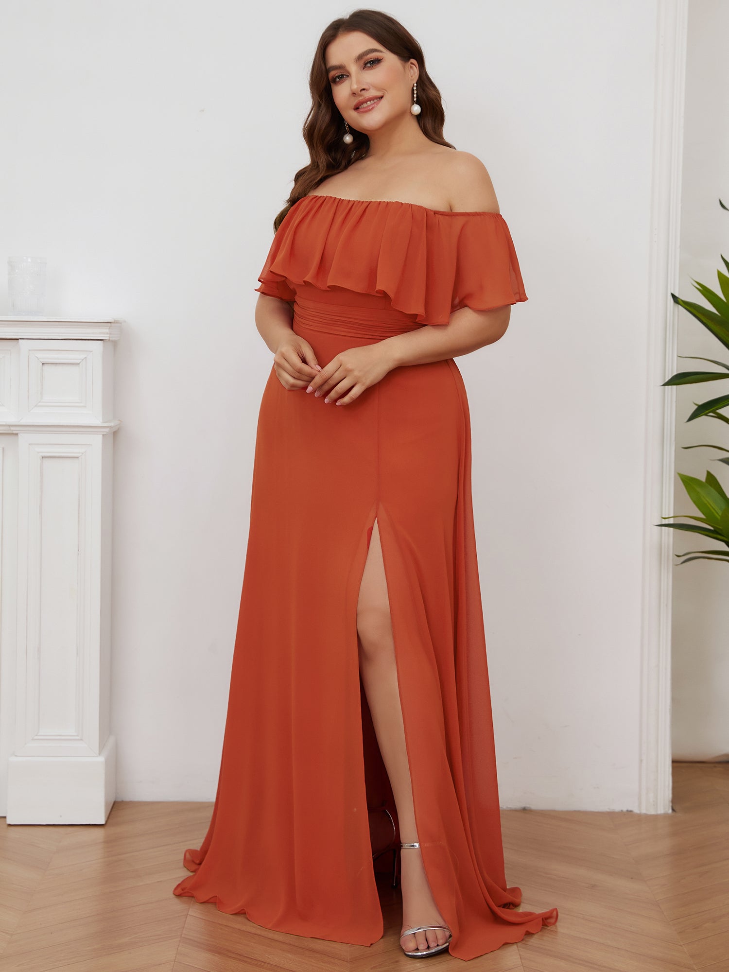 Color=Burnt orange | Plus Size Women'S A-Line Off Shoulder Ruffle Thigh Split Bridesmaid Dress-Burnt orange 3