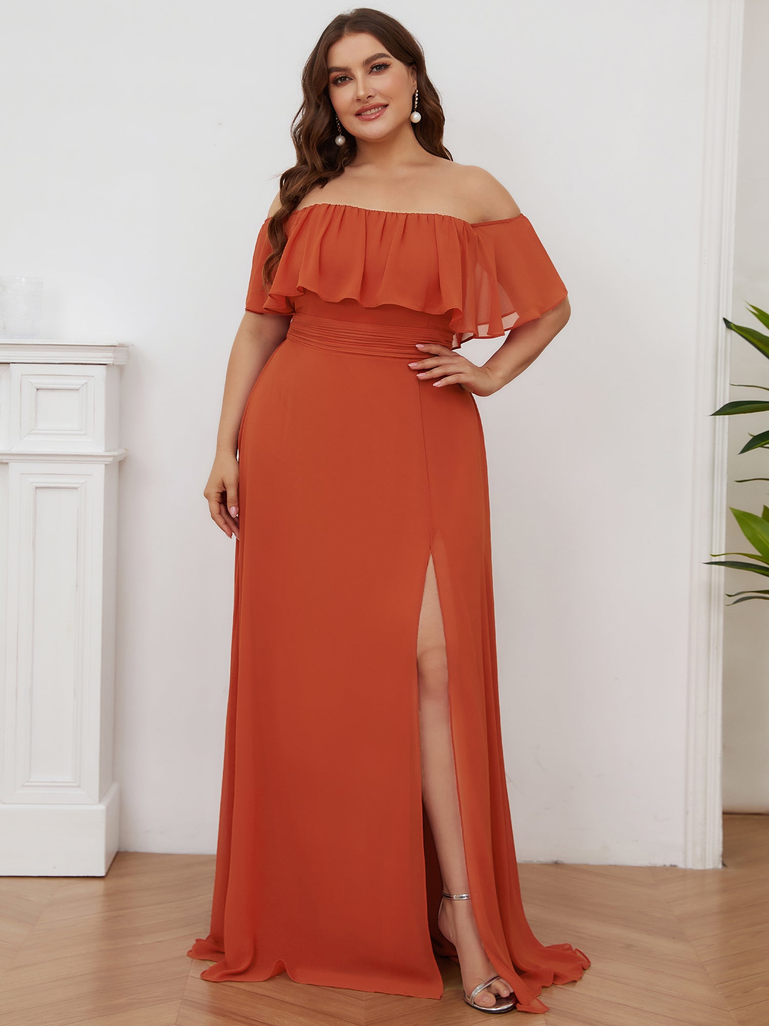 Color=Burnt orange | Plus Size Women'S A-Line Off Shoulder Ruffle Thigh Split Bridesmaid Dress-Burnt orange 4