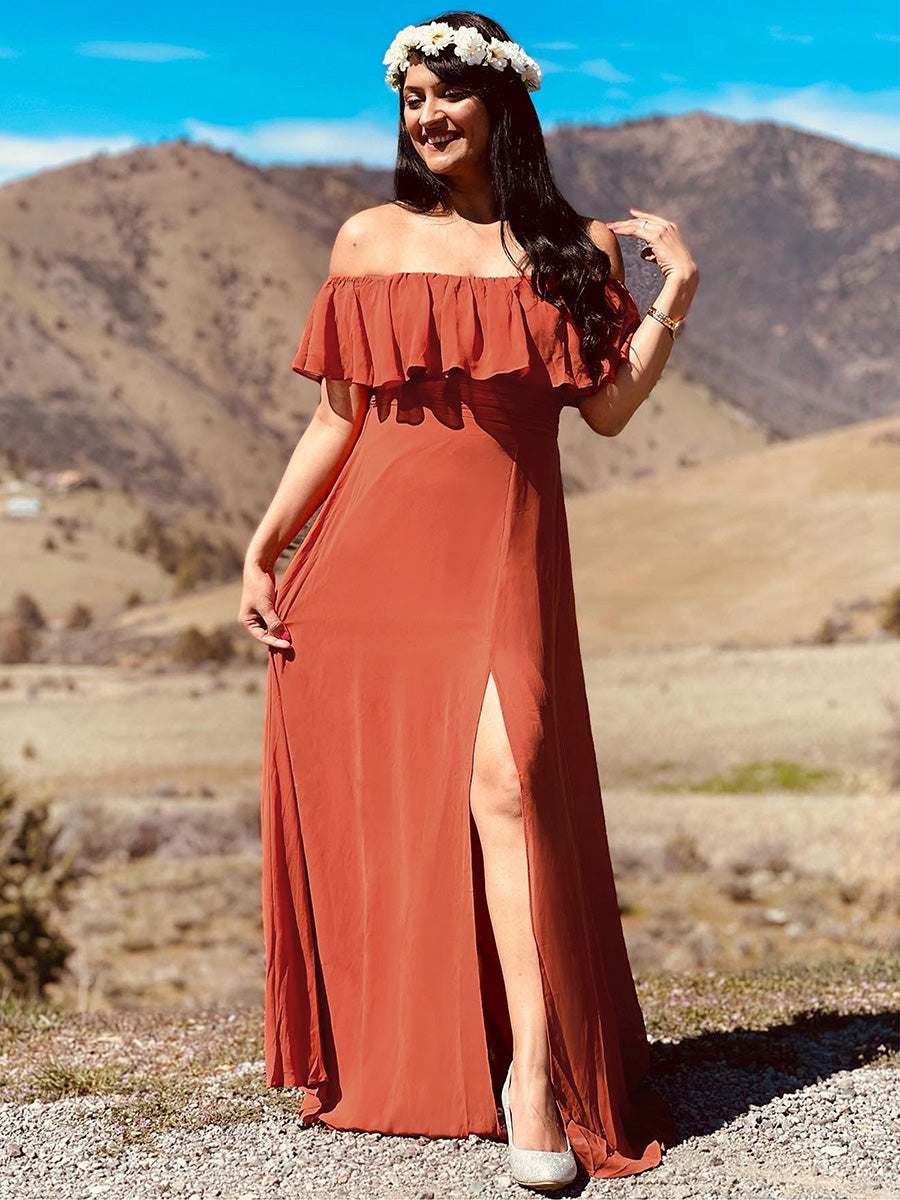 Color=Burnt orange | Women'S A-Line Off Shoulder Ruffle Thigh Split Bridesmaid Dress-Burnt orange 6