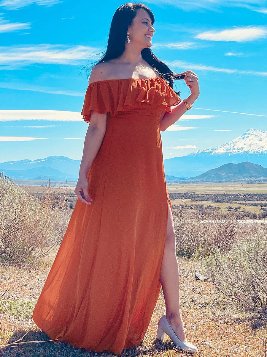 Color=Burnt orange | Women'S A-Line Off Shoulder Ruffle Thigh Split Bridesmaid Dress-Burnt orange 7