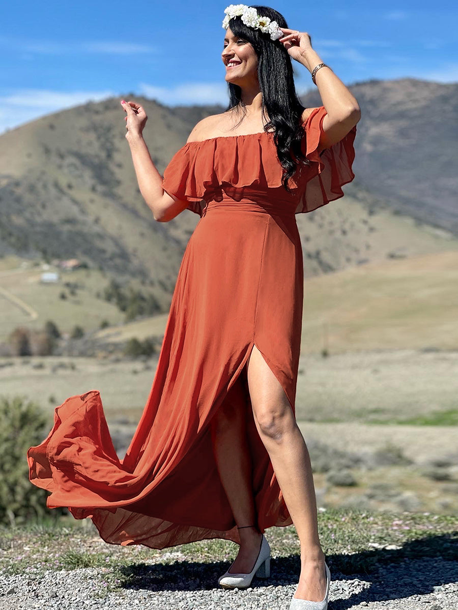 Color=Burnt orange | Women'S A-Line Off Shoulder Ruffle Thigh Split Bridesmaid Dress-Burnt orange 8