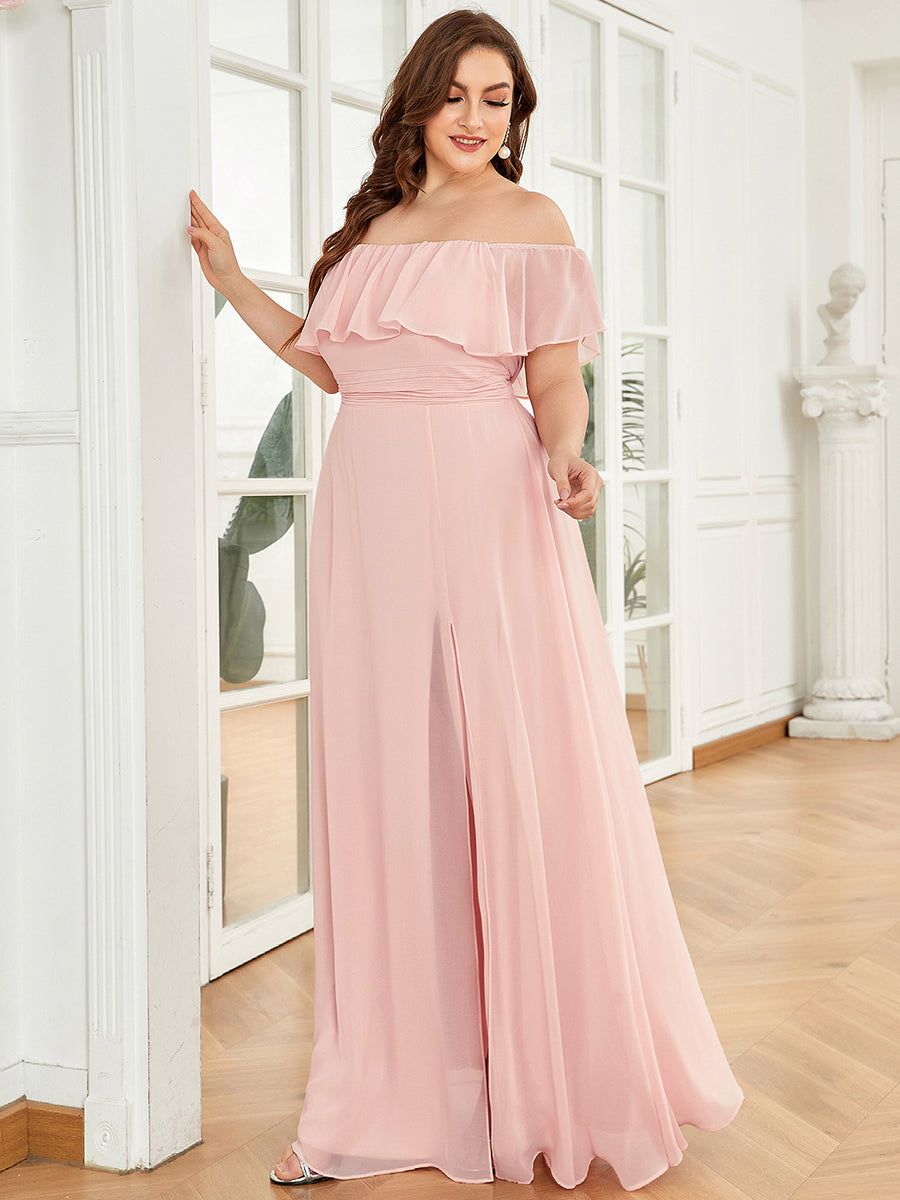 Color=Pink | Plus Size Women'S A-Line Off Shoulder Ruffle Thigh Split Bridesmaid Dresses Ep00968-Pink 4