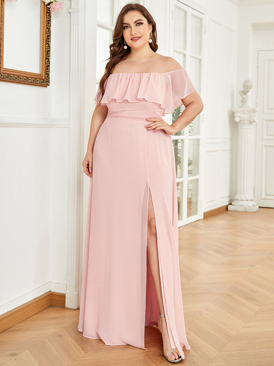 Color=Pink | Plus Size Women'S A-Line Off Shoulder Ruffle Thigh Split Bridesmaid Dresses Ep00968-Pink 1