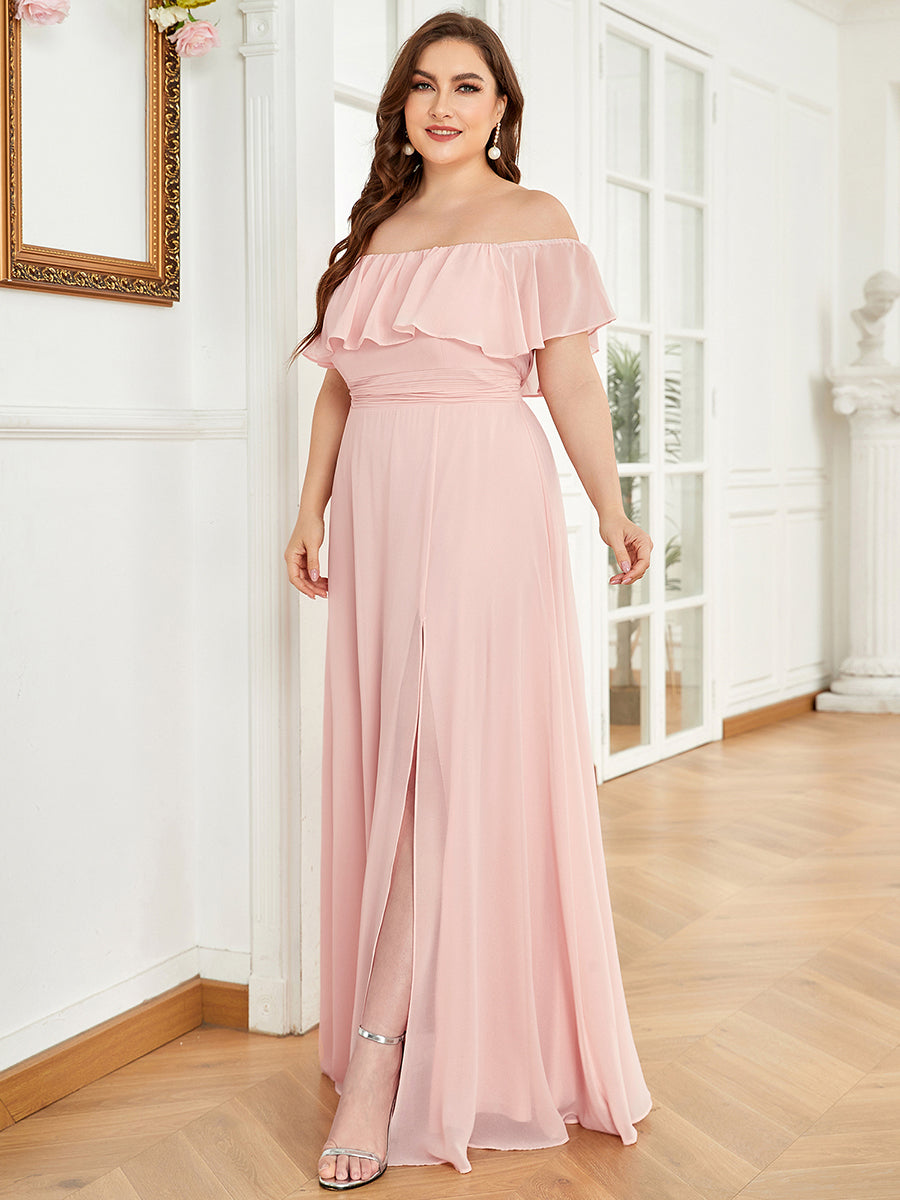 Color=Pink | Plus Size Women'S A-Line Off Shoulder Ruffle Thigh Split Bridesmaid Dresses Ep00968-Pink 3