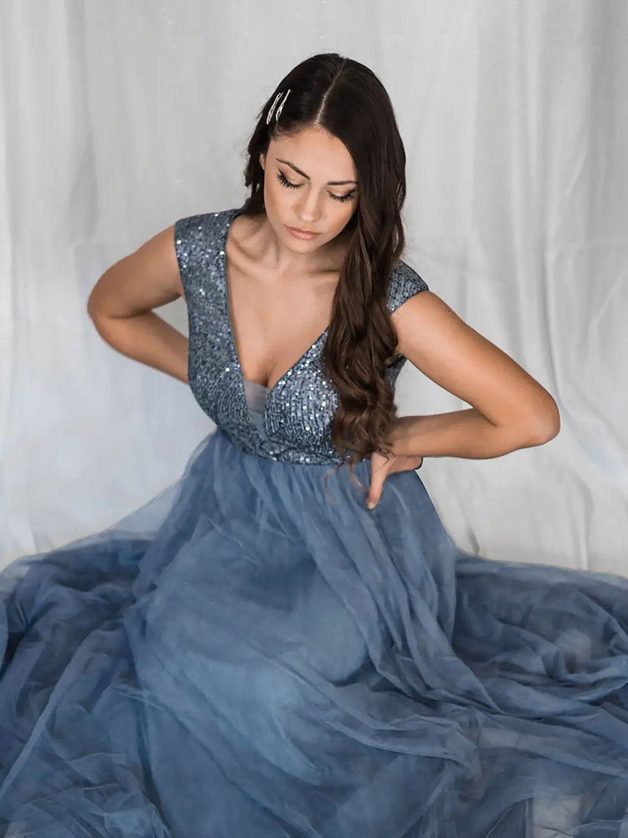 Color=Dusty Blue | Women'S A-Line V-Neck Sequin Dress Floor-Length Prom Dresses Ep00983-Dusty Blue 5
