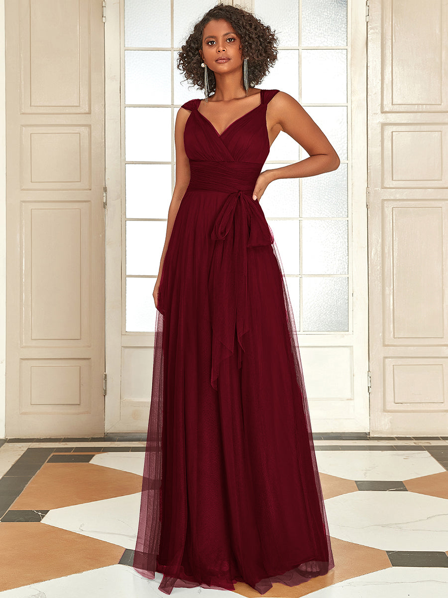 Color=Burgundy | Floor Length Sleeveless Wholesale Tulle Bridesmaid Dresses-Burgundy 1