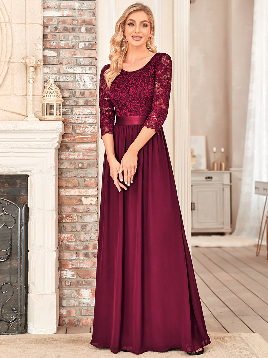 Color=Burgundy | Elegant Empire Waist Wholesale Bridesmaid Dresses with Long Lace Sleeve-Burgundy 4
