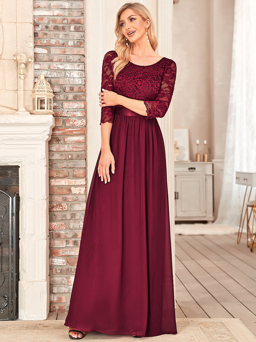 Color=Burgundy | Elegant Empire Waist Wholesale Bridesmaid Dresses with Long Lace Sleeve-Burgundy 3