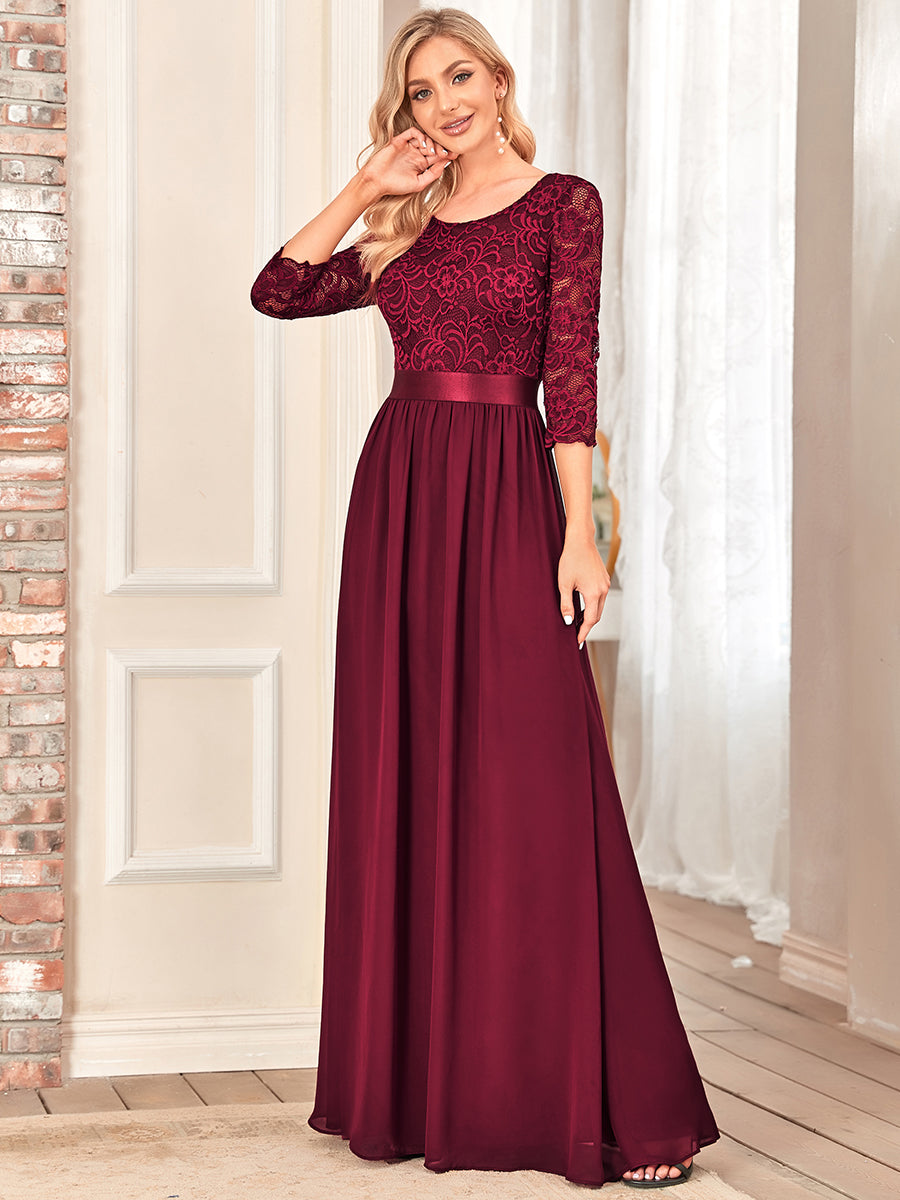 Color=Burgundy | Elegant Empire Waist Wholesale Bridesmaid Dresses with Long Lace Sleeve-Burgundy 1