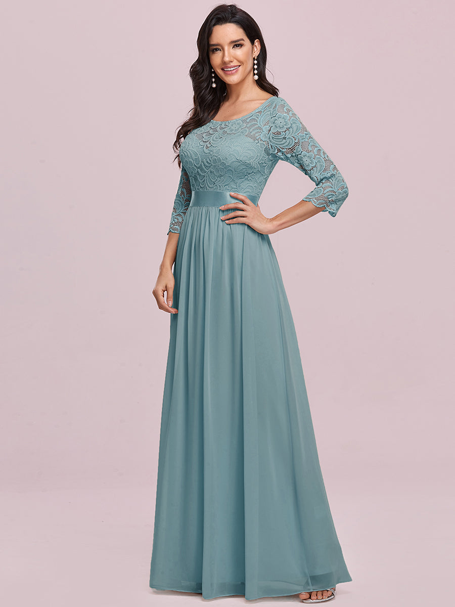Color=Dusty Blue | Elegant Empire Waist Wholesale Bridesmaid Dresses with Long Lace Sleeve-Dusty Blue 6