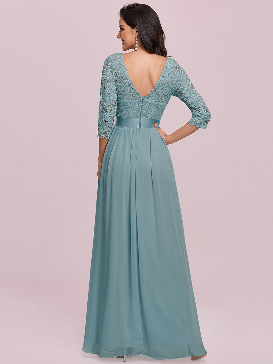 Color=Dusty Blue | Elegant Empire Waist Wholesale Bridesmaid Dresses with Long Lace Sleeve-Dusty Blue 7