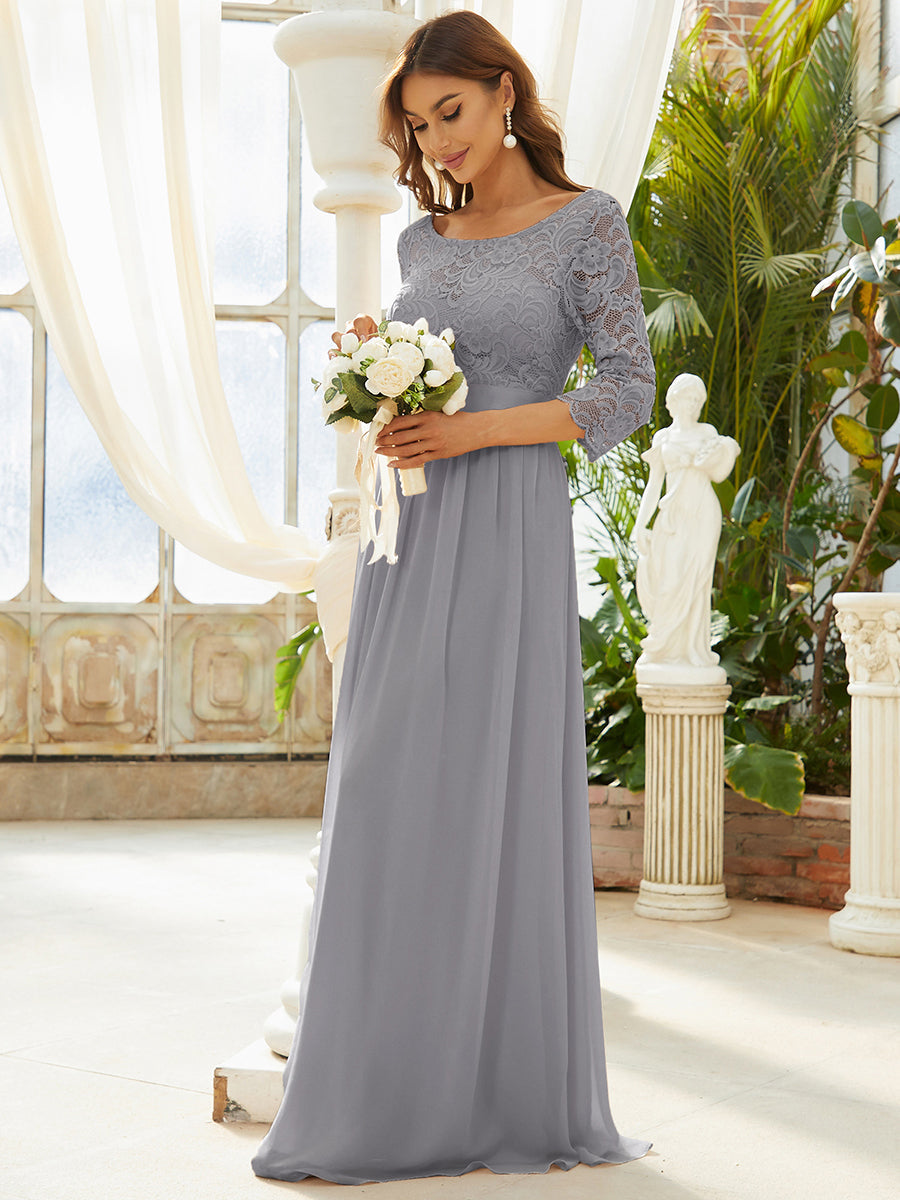 Color=Grey | Elegant Empire Waist Wholesale Bridesmaid Dresses with Long Lace Sleeve-Grey 7