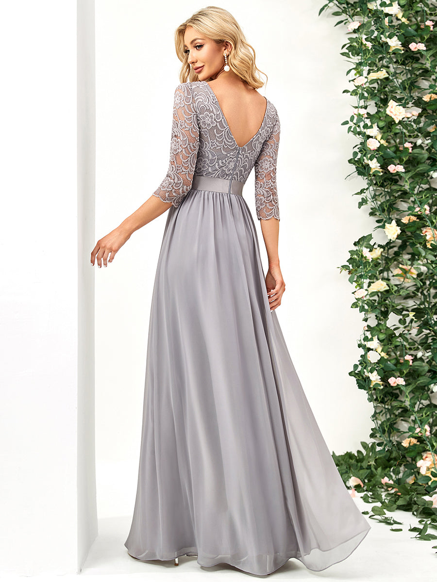 Color=Grey | Elegant Empire Waist Wholesale Bridesmaid Dresses with Long Lace Sleeve-Grey 4
