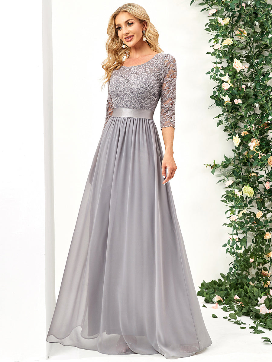 Color=Grey | Elegant Empire Waist Wholesale Bridesmaid Dresses with Long Lace Sleeve-Grey 6