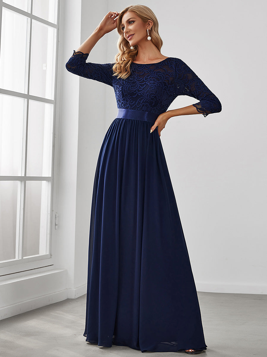 Color=Navy Blue | Elegant Empire Waist Wholesale Bridesmaid Dresses with Long Lace Sleeve-Navy Blue 2