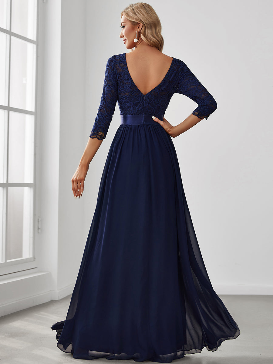 Color=Navy Blue | Elegant Empire Waist Wholesale Bridesmaid Dresses with Long Lace Sleeve-Navy Blue 4