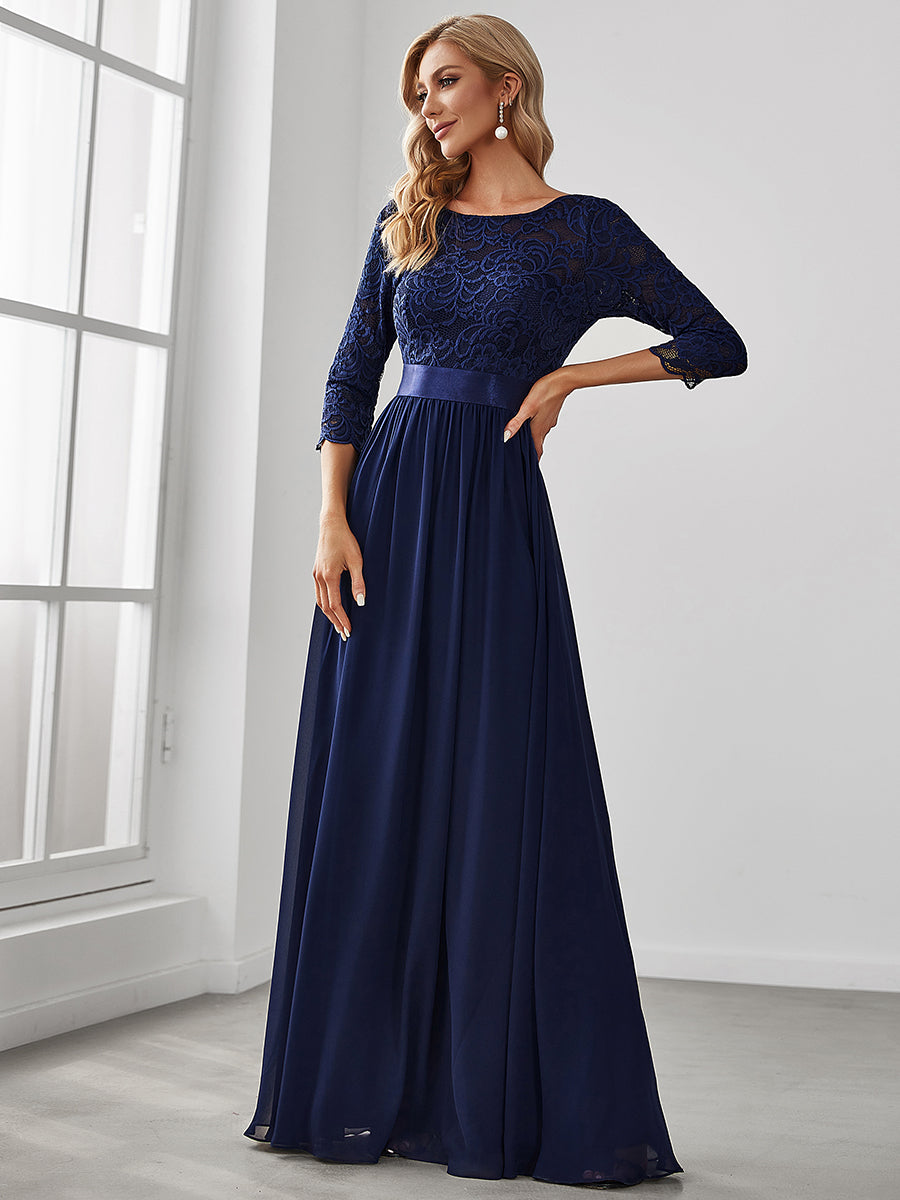 Color=Navy Blue | Elegant Empire Waist Wholesale Bridesmaid Dresses with Long Lace Sleeve-Navy Blue 8