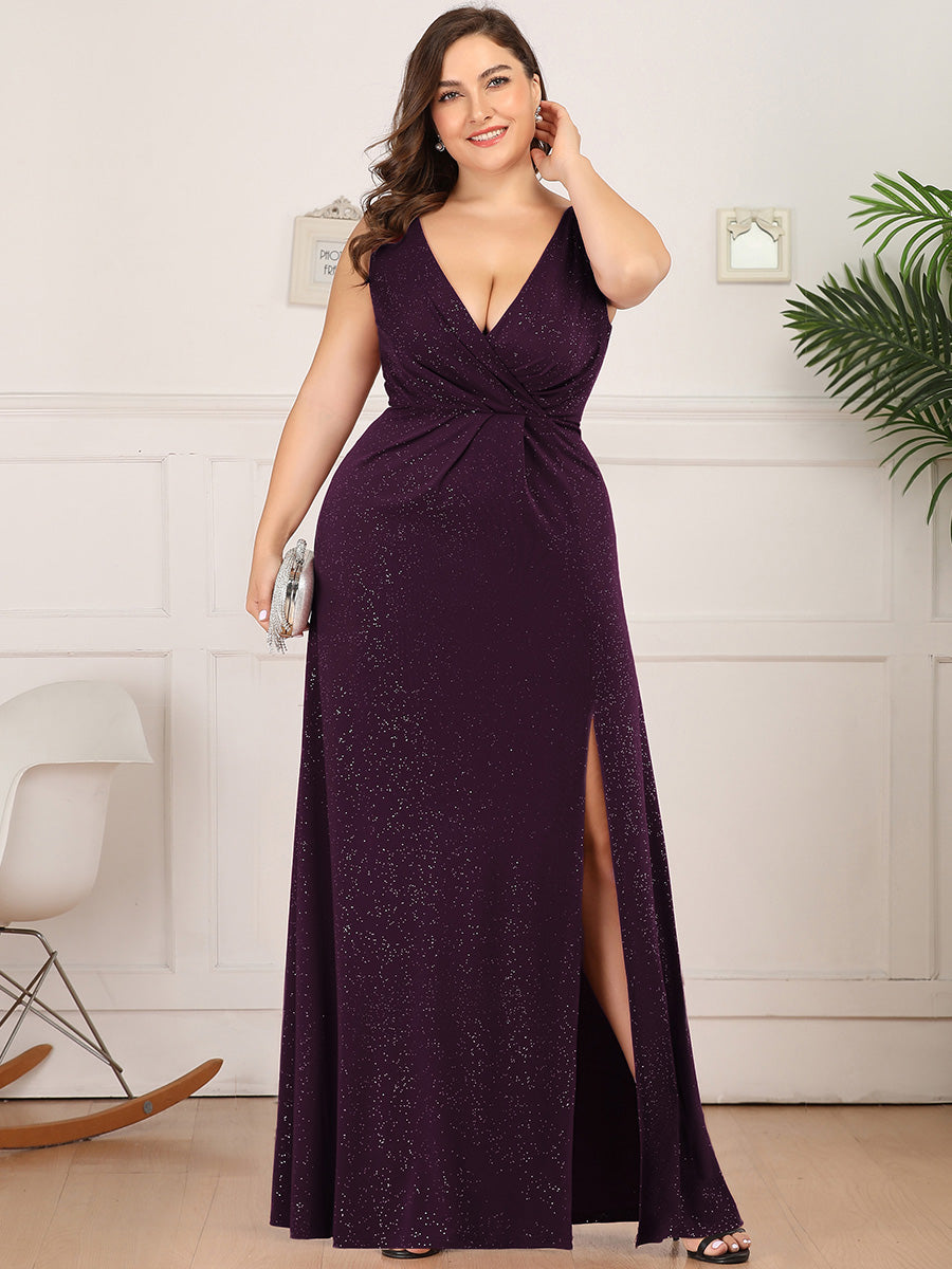 Color=Dark Purple | Plus Size Women Fashion A Line V Neck Long Gillter Evening Dress With Side Split Ep07505-Dark Purple 1
