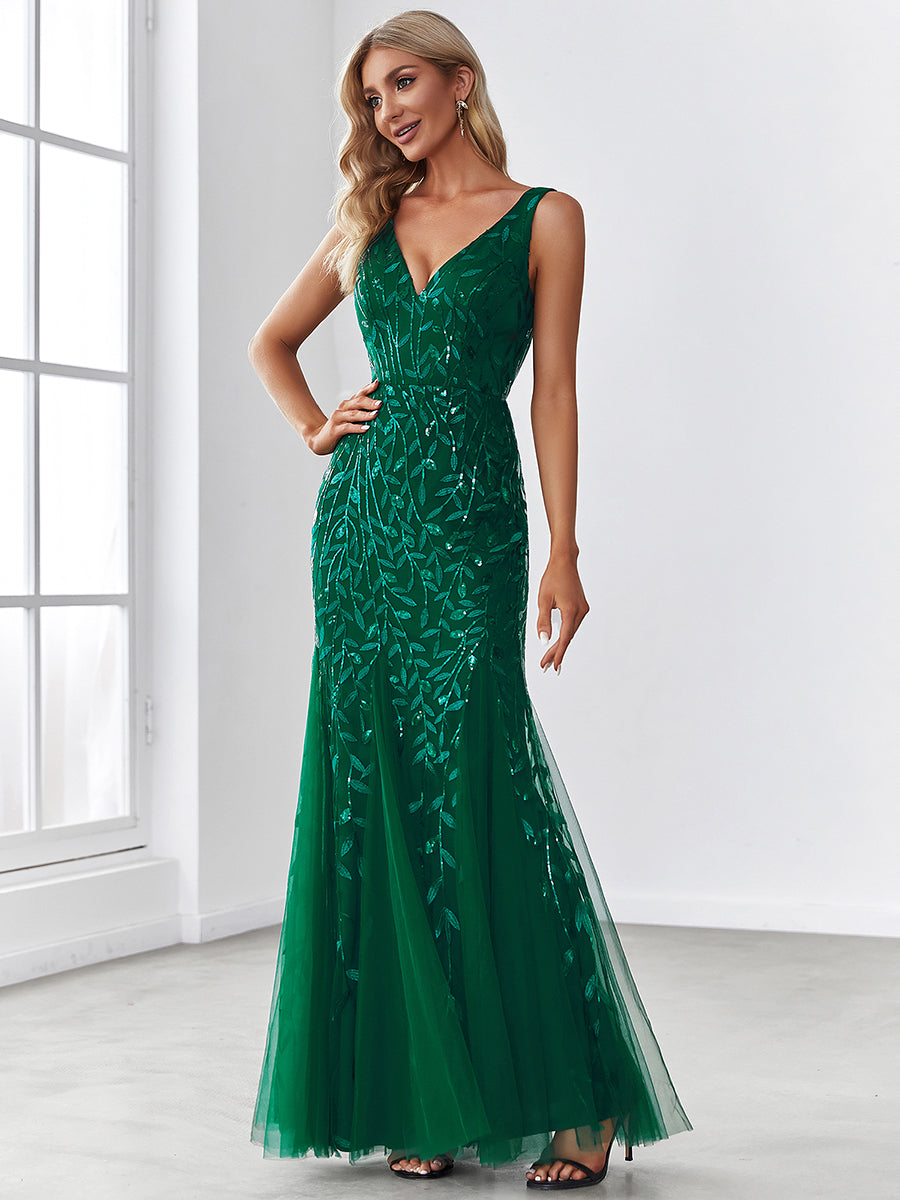 Color=Dark Green | Women'S Double V-Neck Fishtail Seuqin Evening Maxi Dress-Dark Green 4