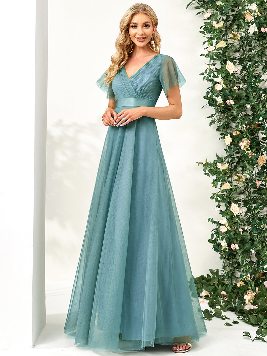 Color=Dusty Blue | Women's V-Neck A-Line Floor-Length Wholesale Bridesmaid Dresses-Dusty Blue 3