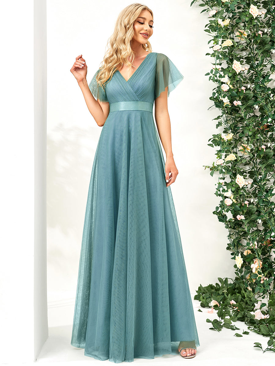 Color=Dusty Blue | Women's V-Neck A-Line Floor-Length Wholesale Bridesmaid Dresses-Dusty Blue 4