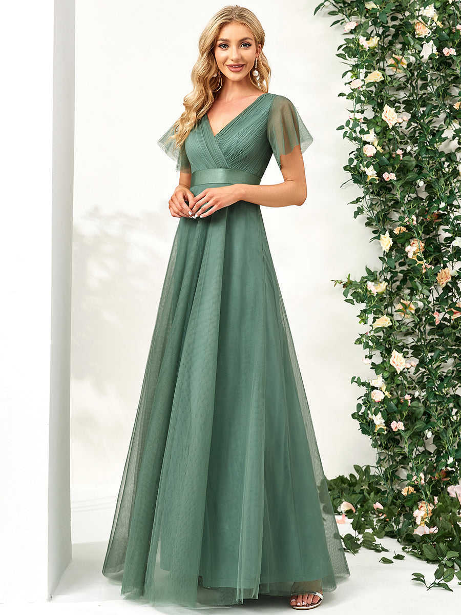 Color=Green Bean | Women's V-Neck A-Line Floor-Length Wholesale Bridesmaid Dresses-Green Bean 5