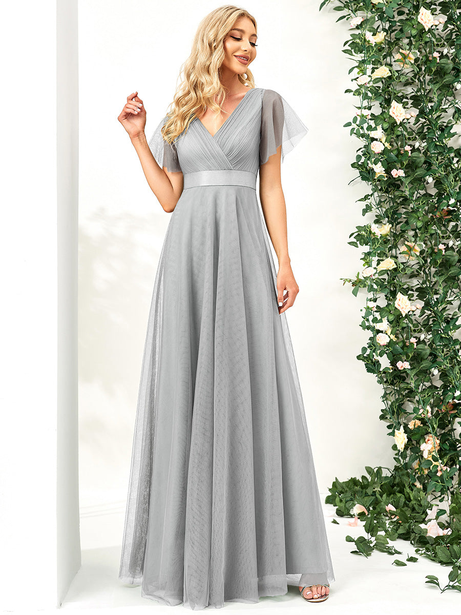 Color=Grey | Women's V-Neck A-Line Floor-Length Wholesale Bridesmaid Dresses-Grey 4