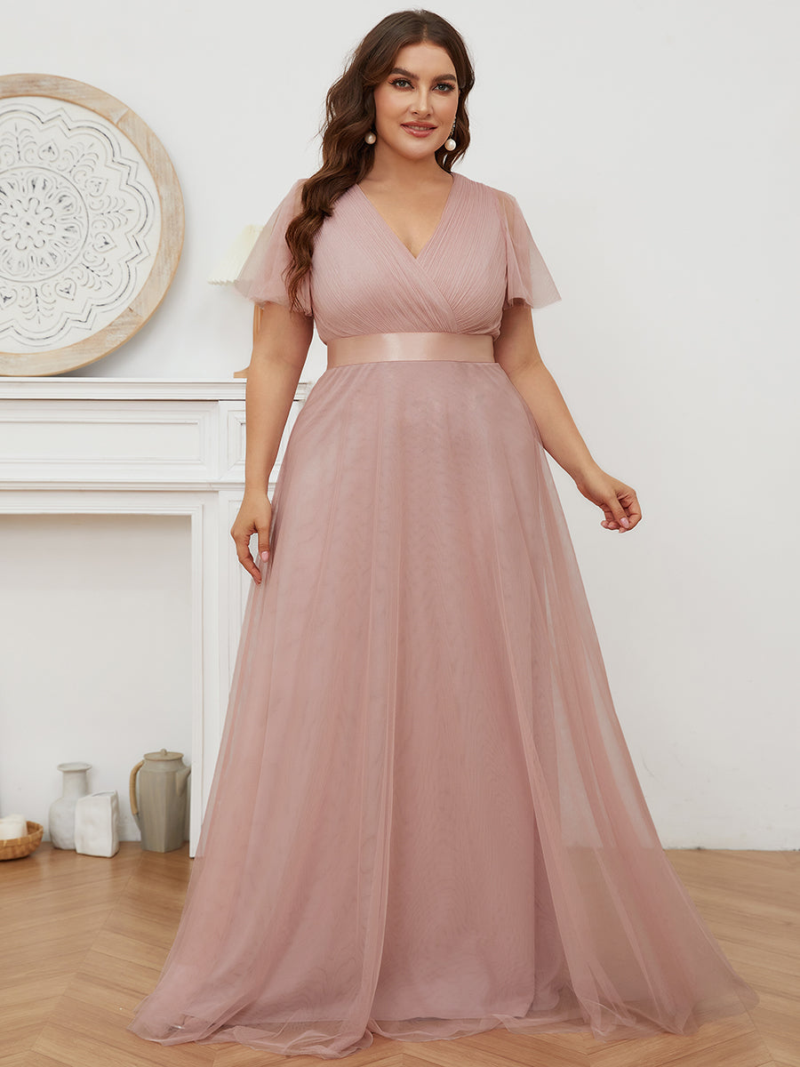 Color=Pink | Plus Size Women'S V-Neck A-Line Short Sleeve Floor-Length Bridesmaid Dresses Ep07962-Pink 1